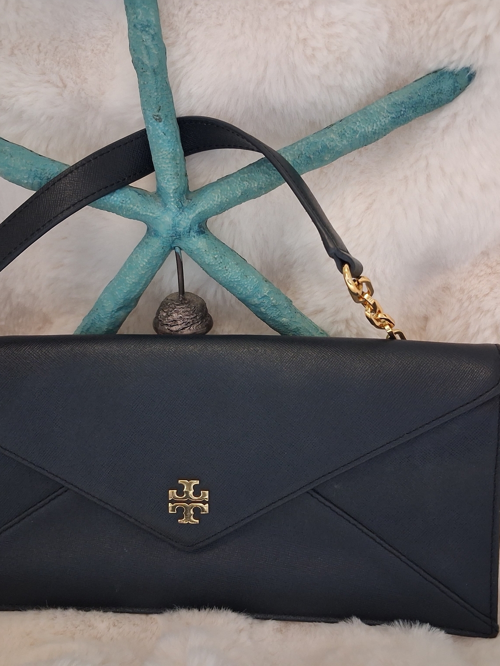Tory Burch Robinson Black Leather Envelope Clutch/Shoulder Bag